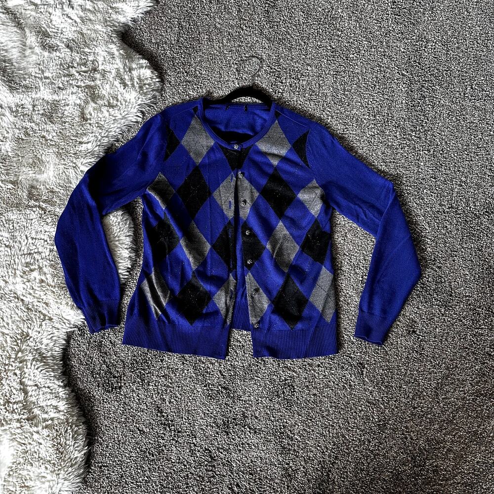 New York & Company Argyle Button Up Cardigan Sweater With Jeweled Buttons
